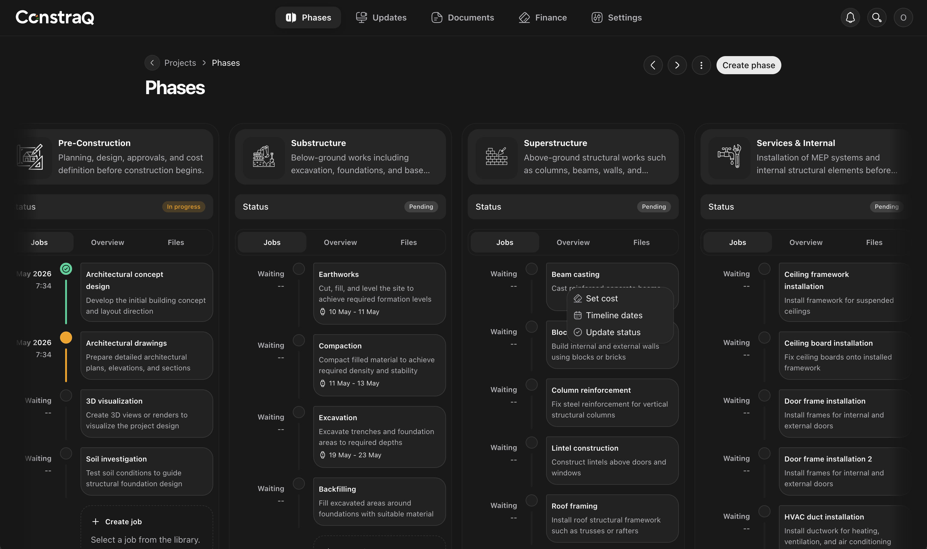 Constraq web project phase dashboard